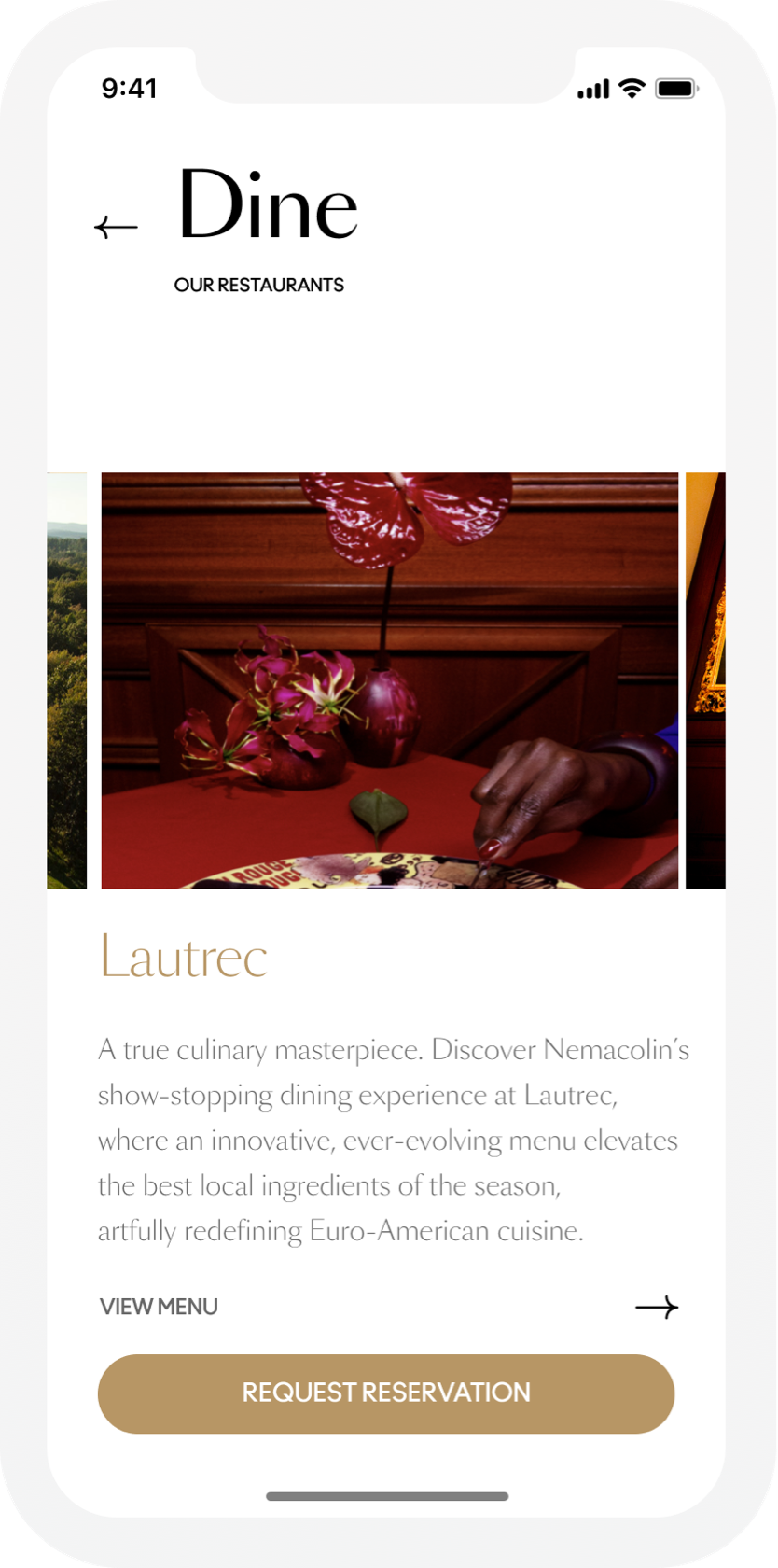 mobile view of "Dine" page
